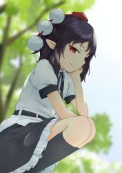 Rule 34 | 1girl, belt, black hair, black socks, black ribbon, black skirt, blouse, blurry, blurry background, closed mouth, commentary request, day, eyelashes, feet out of frame, frilled skirt, frills, from side, hand on thighs, hat, head rest, highres, kanpa (campagne 9), kneehighs, neck ribbon, outdoors, pointy ears, pom pom (clothes), puffy short sleeves, puffy sleeves, red eyes, ribbon, shameimaru aya, shirt, short sleeves, skirt, sky, socks, solo, squatting, tokin hat, touhou, tree, white shirt