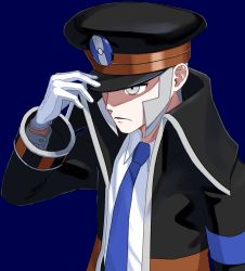 Rule 34 | 1boy, black coat, black hat, blue background, blue necktie, brown coat, coat, collared shirt, commentary request, creatures (company), frown, game freak, gloves, grey eyes, grey hair, hand on headwear, hand up, hat, highres, ingo (pokemon), macky dd, male focus, necktie, nintendo, peaked cap, pokemon, pokemon bw, shirt, short hair, sideburns, simple background, solo, striped, striped coat, upper body, white gloves, white shirt
