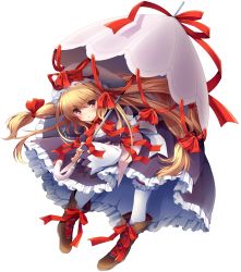 Rule 34 | 1girl, aged down, annoyed, bent over, blonde hair, blush, boots, bow, closed mouth, dress, eyes visible through hair, frills, full body, hair bow, hat, highres, long hair, looking at viewer, pantyhose, parasol, pigeon-toed, purple eyes, ribbon, solo, touhou, transparent background, umbrella, usamata, very long hair, white pantyhose, yakumo yukari, yakumo yukari (young)