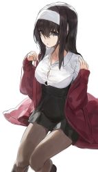 Rule 34 | 1girl, black hair, black skirt, blue eyes, breasts, coat, dress shirt, hair between eyes, hair over eyes, hairband, high-waist skirt, highres, idolmaster, idolmaster cinderella girls, large breasts, long hair, long sleeves, looking at viewer, modare, off shoulder, open clothes, open coat, pantyhose, parted lips, red coat, sagisawa fumika, shirt, simple background, skirt, solo, thighs, white background, white shirt