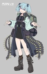 Rule 34 | 1girl, ammunition, ammunition belt, backpack, bag, bandolier, blue eyes, blue hair, boots, bullet, character name, chinese commentary, commentary request, girls&#039; frontline, heterochromia, highres, long jacket, m1895 cb (girls&#039; frontline), pointing, pouch, purple eyes, solo, twintails, u.s.a., yamasemi (yy8023)