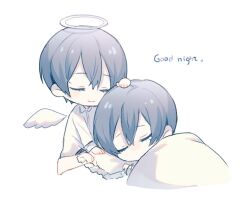 Rule 34 | 2boys, angel, angel wings, barefoot, blanket, blue hair, ciel phantomhive, closed eyes, colored eyelashes, dlynn1105, english text, frilled pillow, frills, hair between eyes, halo, hand on another&#039;s head, kuroshitsuji, light blue background, male focus, multiple boys, no mouth, pajamas, pastel colors, pillow, short hair, siblings, single tear, sleeping, smile, twins, white pajamas, wings