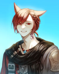 Rule 34 | 1boy, absurdres, animal ears, black scarf, blue background, cat boy, cat ears, facial mark, final fantasy, final fantasy xiv, g&#039;raha tia, hair between eyes, hair ornament, hair over one eye, highres, jewelry, looking at viewer, low ponytail, male focus, miqo&#039;te, mooraeng, neck tattoo, necklace, portrait, red eyes, red hair, scarf, short hair, slit pupils, smile, solo, tattoo, teeth, upper body, x hair ornament