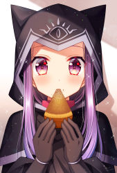 Rule 34 | 1girl, artist name, black capelet, blush, brown background, brown gloves, capelet, commentary request, eating, fate/grand order, fate (series), food, food on face, gloves, gradient background, hands up, highres, holding, holding food, hood, hood up, hooded capelet, long hair, medusa (fate), medusa (lancer) (fate), medusa (rider) (fate), purple eyes, purple hair, rider, sakura tsubame, sidelocks, signature, solo, sparkle, upper body, white background