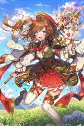 Rule 34 | 10s, 1girl, artist request, bag, beret, blue eyes, boots, braid, brown hair, chain chronicle, coat, detached sleeves, flower, frills, gem, grass, hair ornament, hat, headband, holding, necktie, open mouth, pleated skirt, skirt, smile, solo, staff, thighhighs, white thighhighs, zettai ryouiki