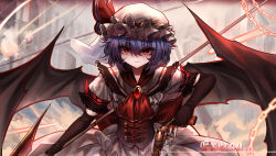 Rule 34 | 1girl, absurdres, ascot, bat wings, black gloves, chain, closed mouth, commentary request, elbow gloves, fingerless gloves, gloves, gun, handgun, hat, hat ribbon, highres, holding, holding gun, holding weapon, mob cap, outdoors, purple hair, red ascot, red eyes, red ribbon, remilia scarlet, revolver, ribbon, shirt, short hair, short sleeves, signature, skirt, smile, solo, top-exerou, touhou, weapon, white hat, white shirt, white skirt, wings