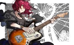 Rule 34 | 1girl, animal ears, blue skirt, border, breasts, brown eyes, cleavage, commentary request, fender jaguar, ferris wheel, guitar, highres, instrument, jacket, jacket on shoulders, jewelry, large breasts, leather, leather jacket, mephisto (angraecum), necklace, original, red hair, shirt, short hair, skirt, smile, t-shirt, two-tone background, watch, white border, wristwatch