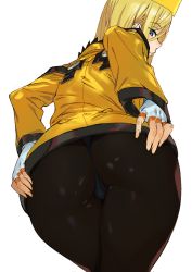 Rule 34 | 1girl, ashiomi masato, ass, blonde hair, blue eyes, closed mouth, commentary request, dress, dutch angle, fingerless gloves, fingernails, from behind, gloves, guilty gear, hat, huge ass, long sleeves, looking at viewer, looking back, millia rage, panties, panties under pantyhose, pantyhose, shiny clothes, short dress, simple background, solo, underwear, white background, white gloves, yellow dress