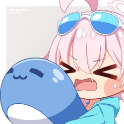 Rule 34 | &gt;o&lt;, 1girl, ahoge, artist name, blue-tinted eyewear, blue archive, blue jacket, blush stickers, chibi, closed eyes, commentary, eyewear on head, fang, fpsmoe, grey background, halo, holding, hood, hood down, hooded jacket, hoshino (blue archive), hoshino (swimsuit) (blue archive), jacket, official alternate costume, open mouth, pink hair, romaji commentary, simple background, solo, sunglasses, sweatdrop, swimsuit, tinted eyewear, white-framed eyewear