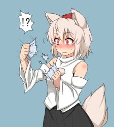 Rule 34 | !?, 1girl, animal ears, bare shoulders, blue background, blush, dai (touhou handdrawn), detached sleeves, female focus, gazacy (dai), hat, inubashiri momiji, red eyes, ripping, short hair, silver hair, simple background, solo, tail, tokin hat, touhou, upper body, wolf ears, wolf tail