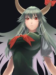 Rule 34 | 1girl, amino (tn7135), bad id, bad pixiv id, black background, breasts, dress, covered erect nipples, ex-keine, green dress, green hair, horn ornament, horn ribbon, horns, kamishirasawa keine, large breasts, long hair, looking at viewer, puffy sleeves, red eyes, ribbon, short sleeves, simple background, solo, touhou, upper body