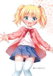 Rule 34 | 10s, 1girl, :d, absurdres, alice cartelet, blonde hair, blue eyes, blush, bow, bowtie, cardigan, hair ornament, hair stick, highres, kin-iro mosaic, looking at viewer, open mouth, panties, pantyshot, pink panties, skirt, smile, solo, spread fingers, thighhighs, twintails, underwear, white thighhighs, yukino minato