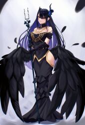 Rule 34 | 1girl, absurdres, albedo (overlord), albedo (overlord) (cosplay), asymmetrical horns, bare shoulders, black dress, black hair, blue hair, breasts, cleavage, colored inner hair, commentary, cosplay, demon horns, dress, eipanguino, english commentary, gloves, hair ornament, highres, hololive, hololive english, horns, large breasts, long hair, looking at viewer, mole, mole under eye, multicolored hair, nerissa ravencroft, overlord (maruyama), red eyes, smile, solo, two-tone hair, uneven horns, very long hair, virtual youtuber