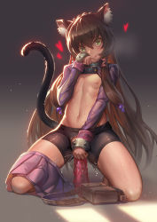 Rule 34 | 10s, 1girl, :p, animal ear fluff, animal ears, bag, bike shorts, black background, black hair, black shorts, cat ears, cat tail, closed mouth, dildo, flat chest, green eyes, heart, highres, isekai maou to shoukan shoujo no dorei majutsu, kneeling, long hair, long sleeves, looking at viewer, navel, nipples, pussy juice, rem galleu, saber 01, sex toy, shorts, skirt, skirt around one leg, solo, sweat, tail, tongue, tongue out