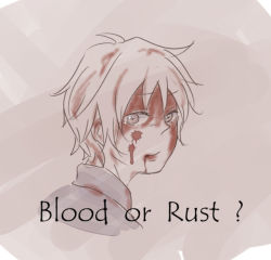 Rule 34 | .flow, 1girl, blood, english text, kamina oct (kanna111), looking at viewer, looking back, rust (.flow), short hair, solo, upper body, white hair