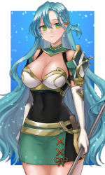 Rule 34 | 1girl, absurdres, aqua hair, armor, bare shoulders, braid, breastplate, breasts, chloe (fire emblem), cleavage, covered navel, cowboy shot, fire emblem, fire emblem engage, green eyes, hazuki (nyorosuke), highres, holding, holding polearm, holding weapon, large breasts, long hair, looking at viewer, nintendo, pegasus knight uniform (fire emblem), polearm, shoulder armor, side braid, simple background, single braid, skin tight, smile, solo, swept bangs, thighhighs, very long hair, weapon, zettai ryouiki