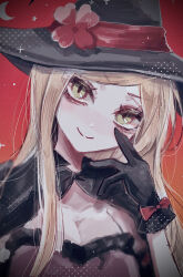 Rule 34 | 1girl, akamatsu kaede, alternate costume, black cape, black gloves, black hat, blonde hair, breasts, cape, cleavage, closed mouth, danganronpa (series), danganronpa v3: killing harmony, flower, gloves, hand up, hat, hat flower, highres, large breasts, long hair, naruse (nal1525), red background, red flower, smile, solo, witch, witch hat