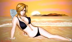 Rule 34 | 1girl, arm support, beach, bikini, blonde hair, breasts, cleavage, dead or alive, helena douglas, highres, large breasts, legs, long hair, navel, ocean, sitting, solo, swimsuit, tecmo, thighs, water
