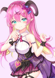 Rule 34 | 1girl, aqua eyes, bare shoulders, bow, breasts, chest harness, collared shirt, cowboy shot, curled horns, hair between eyes, hair bow, hair ornament, hands up, harness, highres, hololive, horns, index finger raised, large breasts, long hair, looking at viewer, mano aloe, miniskirt, multicolored hair, nail polish, pink background, pink hair, pink skirt, pointy ears, shirt, simple background, skirt, sleeveless, sleeveless shirt, smug, solo, two-tone hair, v-shaped eyebrows, virtual youtuber, wrist cuffs, yuano