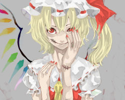 Rule 34 | 1girl, bad id, bad pixiv id, blonde hair, creepy, crystal, dress, embodiment of scarlet devil, female focus, flandre scarlet, frea, glasgow smile, grey background, hand on own face, hat, horror (theme), red eyes, scar, side ponytail, single wing, smile, solo, stitches, touhou, wings