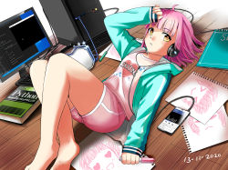 Rule 34 | 1girl, absurdres, ahoge, bare legs, barefoot, blue hoodie, blunt bangs, cellphone, chinese commentary, commentary request, dated, drawing, english text, headphones, highres, hood, hood down, hoodie, indoors, keyboard (computer), listening to music, looking at viewer, love live!, love live! nijigasaki high school idol club, lowsiksia, lying, medium hair, monitor, on back, on ground, phone, pink hair, pink shirt, pink shorts, python (programming language), shirt, shorts, sketchbook, sleeves past wrists, smartphone, solo, tennoji rina, wooden floor, yellow eyes