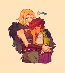 Rule 34 | 2girls, amphibia, anne boonchuy, armor, blonde hair, blush, bracelet, breastplate, breasts, brown hair, cape, closed eyes, cropped legs, dark-skinned female, dark skin, esther980174, fur cape, fur skirt, height difference, highres, hug, jewelry, long hair, looking at another, medium breasts, multiple girls, parted bangs, pleated skirt, purple skirt, sasha waybright, short hair, simple background, skirt, yellow background, yuri