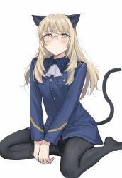 Rule 34 | 1girl, absurdres, animal ear fluff, animal ears, ascot, blonde hair, blush, cat ears, cat tail, glasses, highres, long hair, looking at viewer, nankyokuman, no shoes, panties, panties under pantyhose, pantyhose, perrine h. clostermann, side ponytail, solo, strike witches, tail, underwear, uniform, white ascot, white background, white panties, world witches series, yellow eyes