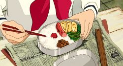 Rule 34 | 1girl, animated, animated gif, chopsticks, food, kokurikozaka kara, lowres, newspaper, rice, sausage, studio ghibli