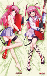 Rule 34 | 10s, angel beats!, breasts, buckle, choker, covering privates, covering breasts, cuffs, dakimakura (medium), fang, guitar, hair ornament, hair over breasts, instrument, legs, long hair, official art, pink eyes, pink hair, school uniform, small breasts, tail, thigh strap, topless, yui (angel beats!)