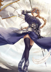Rule 34 | 1girl, armor, black thighhighs, blue eyes, boots, braid, breasts, closed mouth, crossed legs, dutch angle, fate/apocrypha, fate (series), faulds, feathers, flag, full body, gauntlets, headpiece, highres, holding, holding flag, jeanne d&#039;arc (fate), jeanne d&#039;arc (ruler) (fate), light rays, long hair, looking at viewer, medium breasts, outdoors, saijou yukina, single braid, smile, solo, standard bearer, standing, sunbeam, sunlight, thighhighs, thighs, watson cross