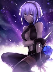 Rule 34 | 1girl, bare shoulders, black gloves, black legwear, breasts, cleavage cutout, clothing cutout, dark skin, dark-skinned female, fate/prototype, fate/prototype: fragments of blue and silver, fate (series), fingerless gloves, flower, gloves, hairband, hassan of serenity (fate), highres, kunai, light particles, looking at viewer, medium breasts, minamina, purple eyes, purple hair, short hair, sitting, solo, thigh strap, weapon, yokozuwari