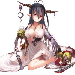 Rule 34 | 10s, 1girl, antenna hair, bandages, black gloves, black hair, blood, blood on clothes, blood stain, bloody clothes, bloody dress, breast hold, breasts, cleavage, danua, doll, draph, dress, fingerless gloves, fur trim, gloves, granblue fantasy, gretel (granblue fantasy), hair between eyes, hansel (granblue fantasy), horn ornament, horns, jewelry, knife, large breasts, long hair, necklace, pendant, pointy ears, red eyes, simple background, sitting, solo, uro (uro zi), wariza, white background, white dress
