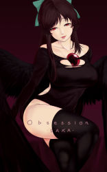 Rule 34 | 1girl, artist name, bird wings, black dress, black wings, bow, breasts, brown hair, cleavage, commentary, dress, feet out of frame, green bow, hair bow, highres, large breasts, long hair, looking at viewer, off shoulder, open mouth, red background, red eyes, reiuji utsuho, sakai-saka, solo, thighhighs, third eye, touhou, wings
