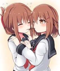 Rule 34 | 10s, 2girls, anchor symbol, blush, brown eyes, brown hair, closed eyes, flying sweatdrops, folded ponytail, food, food in mouth, hair between eyes, hair ornament, hairclip, hands on another&#039;s shoulders, hands on own chest, ikazuchi (kancolle), inazuma (kancolle), kantai collection, long sleeves, mouth hold, multiple girls, neckerchief, pocky, pocky kiss, raised eyebrows, red neckerchief, school uniform, serafuku, shared food, shirt, short hair, short hair with long locks, sidelocks, simple background, tareme, tonari (ichinichime azuma), upper body, white shirt, yellow background, yuri