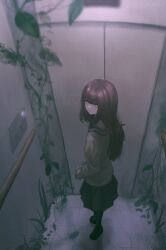 Rule 34 | 1girl, absurdres, black feathers, black skirt, black socks, blouse, brown hair, elevator, expressionless, feathers, from side, full body, glowing, glowing eyes, highres, indoors, kyano (kyanora3141), light particles, long hair, looking at viewer, original, overgrown, plant, pleated skirt, shirt, shoes, skirt, sleeves past wrists, socks, solo, tile floor, tiles, vines, yellow eyes, yellow shirt