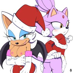 Rule 34 | ass, bat wings, blaze the cat, blush, breasts, christmas, christmas clothing, christmas headwear, female focus, furry, gloves, hat, headgear, highres, holidays, innotsu, large ears, lipstick, looking at viewer, looking away, makeup, membrane (anatomy), membranous wings, nipples, rouge the bat, santa hat, sega, smile, sonic (series), tail, wings