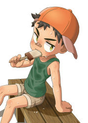 Rule 34 | 1boy, ame-chan (tjugemu), bandaid, bandaid on face, bandaid on nose, bench, black hair, brown shorts, child, collarbone, eating, food, food in mouth, food on face, frown, green shirt, hat, highres, holding, holding food, ice cream, ice cream on face, jockey, looking at viewer, male focus, nails, patch, shadow, shiny skin, shirt, short hair, shorts, simple background, sitting, sleeveless, sleeveless shirt, solo, solo focus, spiked hair, stick, sweat, teeth, tjugemu, white background, wooden, wooden bench, yellow eyes
