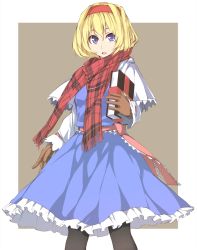 Rule 34 | 1girl, adapted costume, alice margatroid, black pantyhose, blonde hair, blue dress, blue eyes, book, brown gloves, capelet, dress, gloves, grey background, grimoire, grimoire of alice, hairband, kamukamu, kamukamu (ars), long sleeves, looking at viewer, open mouth, pantyhose, sash, scarf, solo, touhou