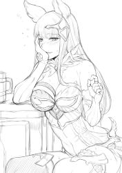 Rule 34 | 1girl, animal ears, armor, bare shoulders, blush, breasts, cleavage, commentary request, deras, drunk, elbow gloves, erune, gloves, granblue fantasy, greyscale, hair ornament, head rest, korwa, large breasts, long hair, looking at viewer, monochrome, parted lips, smile, solo, table, thighhighs