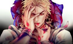 Rule 34 | 1boy, birthmark, blonde hair, blood, blood on clothes, dio brando, eyelashes, glowing, glowing eyes, gradient background, hand on own face, injury, jojo no kimyou na bouken, male focus, mouth hold, petals, red eyes, solo, takashi (huzakenna), teeth, upper body