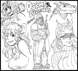Rule 34 | 1boy, 4girls, :p, bb (baalbuddy), black border, border, breasts, broom, cigar, comic, commentary, cover, covered erect nipples, dark-skinned male, dark skin, demon girl, demon horns, elf, facial mark, fake cover, fang, furry, glasses, goggles, goggles on head, greyscale, hammer, highres, holding, horns, large breasts, looking at viewer, mole, mole under mouth, monochrome, monster girl, mouth hold, multiple girls, muscular, one eye closed, orc, original, pants, parody, pointy ears, ponytail, reptile girl, ribbed sweater, sandals, shirt, simple background, smile, sweater, t-shirt, tank top, title parody, tongue, tongue out, white background