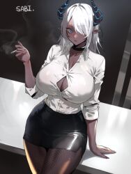 Rule 34 | 1girl, absurdres, alternate breast size, alternate costume, artist name, black choker, black horns, black skirt, blue eyes, breasts, choker, cigarette, cleavage, collared shirt, commentary, contemporary, dark-skinned female, dark skin, demon girl, demon horns, elsword, english commentary, expressionless, eyes visible through hair, fishnet pantyhose, fishnets, hair over one eye, highres, holding, holding cigarette, horns, indoors, jin (elsword), large breasts, long hair, looking at viewer, office lady, pantyhose, pointy ears, revision, sabi (ghke4333), shirt, skirt, sleeves rolled up, smoke, smoking, solo, table, thighs, white hair, white shirt