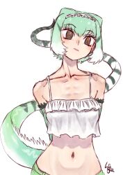 Rule 34 | 1girl, arms behind back, brown eyes, chinese water dragon (kemono friends), closed mouth, collarbone, crop top, crop top overhang, detached sleeves, frilled hairband, frills, green hair, green sleeves, hairband, head tilt, kemono friends, kemono friends 3, kishida shiki, lizard tail, long tail, looking at viewer, midriff, navel, ringed eyes, short hair, signature, simple background, solo, spaghetti strap, stomach, tail, upper body, white background, white hair