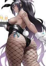 Rule 34 | 1girl, absurdres, animal ears, ass, back, bare shoulders, black hair, black leotard, blue archive, blush, breasts, cup, curvy, dark-skinned female, dark skin, detached collar, drinking glass, fake animal ears, fishnet pantyhose, fishnets, gloves, highleg, highleg leotard, highres, huge ass, karin (blue archive), karin (bunny) (blue archive), large breasts, leotard, long hair, looking at viewer, looking back, official alternate costume, pantyhose, playboy bunny, ponytail, rabbit ears, revision, sidelocks, solo, thighs, thong leotard, tray, white gloves, wide hips, yellow eyes, yoshio (55level)