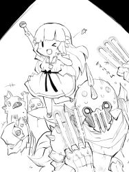 Rule 34 | 1boy, 1girl, armor, commentary request, concert, dress, ender lilies quietus of the knights, glowstick, greyscale, helmet, holding, holding glowstick, holding microphone, idol, jewelry, knight, lily (ender lilies), long hair, microphone, monochrome, monster, necklace, one eye closed, open mouth, sketch, smile, spiked helmet, standing, standing on one leg, ulv the mad knight, undead, zubatto (makoto)
