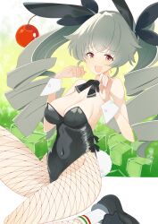 Rule 34 | 1girl, absurdres, alternate breast size, anchovy (girls und panzer), animal ears, artist request, bare shoulders, big hair, black leotard, blush, breasts, covered navel, curvy, dated, detached collar, drill hair, embarrassed, fake animal ears, girls und panzer, green hair, hair ribbon, highleg, highleg leotard, highres, large breasts, leotard, long hair, looking at viewer, open mouth, pantyhose, red eyes, ribbon, shiny clothes, shiny skin, simple background, smile, solo, standing, tray, twin drills, twintails, wide hips