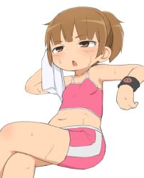 Rule 34 | 1girl, :o, alternate hairstyle, armpits, bad id, bad link, bad twitter id, bare shoulders, belly, bike shorts, blunt bangs, blush, brown hair, bubukka, camisole, chestnut mouth, crop top, crossed legs, flat chest, half-closed eyes, high ponytail, holding, looking to the side, marui mitsuba, midriff, mitsudomoe, navel, open mouth, ponytail, short hair, short ponytail, simple background, single vertical stripe, sitting, solo, sportswear, sweat, sweatband, white background, wristband