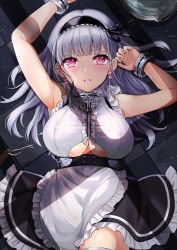 Rule 34 | 1girl, absurdres, anchor choker, apron, armpits, azur lane, bare shoulders, black hairband, black ribbon, black skirt, blush, breasts, bucket, center frills, cleavage, clothing cutout, cokecoco, commentary request, dido (azur lane), earrings, frilled apron, frilled skirt, frills, hairband, highres, jewelry, large breasts, long hair, lying, on back, on floor, parted lips, purple eyes, ribbon, shirt, silver hair, skirt, sleeveless, sleeveless shirt, solo, underboob, underboob cutout, waist apron, water, white apron, white shirt