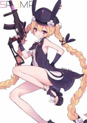 Rule 34 | 1girl, animal ears, animal hat, black footwear, black gloves, black hat, black jacket, black neckwear, black ribbon, black skirt, blonde hair, blush, braid, breasts, character name, closed mouth, dated, dress shirt, elbow gloves, fingerless gloves, girls&#039; frontline, gloves, gun, hair between eyes, hair ribbon, hat, head tilt, holding, holding gun, holding weapon, jacket, licking lips, long hair, looking at viewer, mimelond, name connection, object namesake, open clothes, open jacket, open shirt, platform footwear, platform heels, purple eyes, rabbit ears, rabbit hat, ribbon, shirt, sidelocks, simple background, skirt, sleeveless, sleeveless jacket, sleeveless shirt, small breasts, smile, solo, sr-3mp, sr-3mp (girls&#039; frontline), toenails, tongue, tongue out, twin braids, twintails, twitter username, very long hair, weapon, white background, white shirt