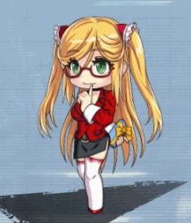 Rule 34 | 1girl, animated, animated gif, blonde hair, blush, bouncing breasts, breasts, chibi, glasses, green eyes, holding present, kosaka shizuru, large breasts, lilith-soft, long hair, lowres, gift, skirt, smile, solo, standing, taimanin (series), taimanin rpgx, taimanin yukikaze, tongue, tongue out, twintails, very long hair, wink